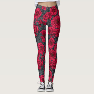 Legging Rosas vermelhas com folhas de cinza em preto