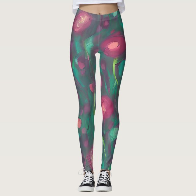 Legging rosas vermelhas com Mutação de abstrato (Frente)