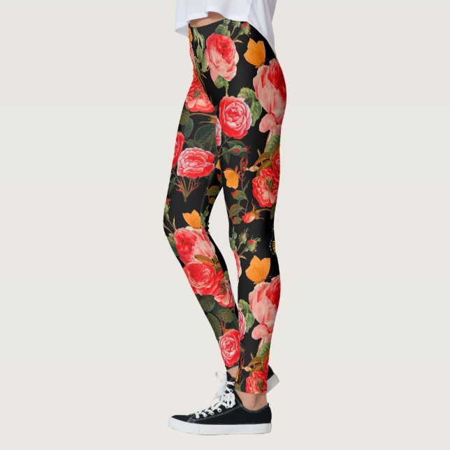 Legging ROSAS VERMELHAS E BORBOLETAS AMARELAS Floral Preto (Esquerda)