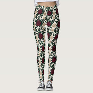 Legging Rosas Vermelhas E Borgonha Luxuriantes Com Folhas