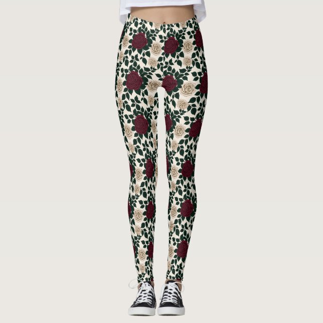 Legging Rosas Vermelhas E Borgonha Luxuriantes Com Folhas  (Frente)