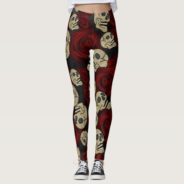 Legging Rosas vermelhas e crânios Cinza Gótica Floral Pret (Frente)