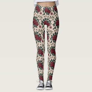 Legging Rosas Vermelhas Escuras Com Folhas Verdes