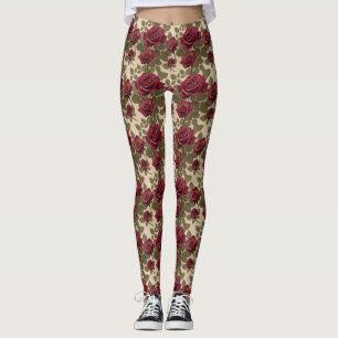 Legging Rosas Vermelhas Escuras Com Folhas Verdes Desbotad