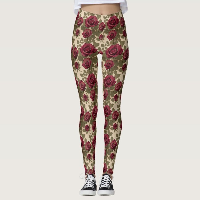 Legging Rosas Vermelhas Escuras Com Folhas Verdes Desbotad (Frente)
