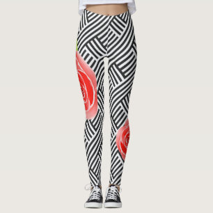 Legging Rosas Vermelhas Listras Pretas e Brancas
