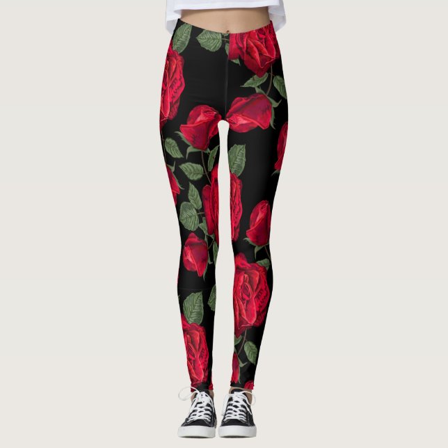 Legging Rosas vermelhas no plano de fundo preto (Frente)