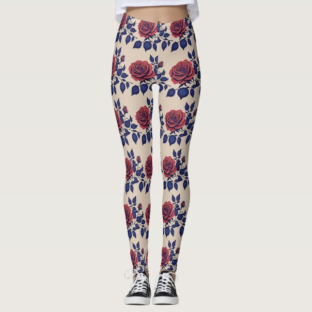 Legging Rosas Vermelhas Pintadas à Mão em Negrito  (Frente)