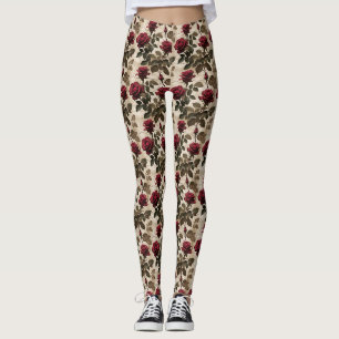 Legging Rosas Vermelhas Profundas Com Folhas Verde Escuro