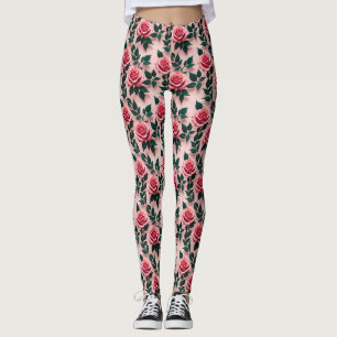 Legging Rosas Vermelhas Vibrantes Com Folhas Verde-Escuras
