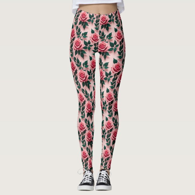 Legging Rosas Vermelhas Vibrantes Com Folhas Verde-Escuras (Frente)