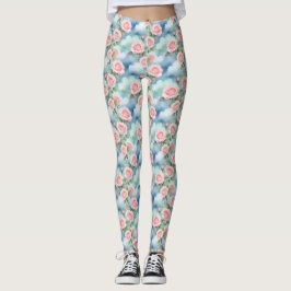 Legging Roses In Watercolor Hues Of Light Pink And Green