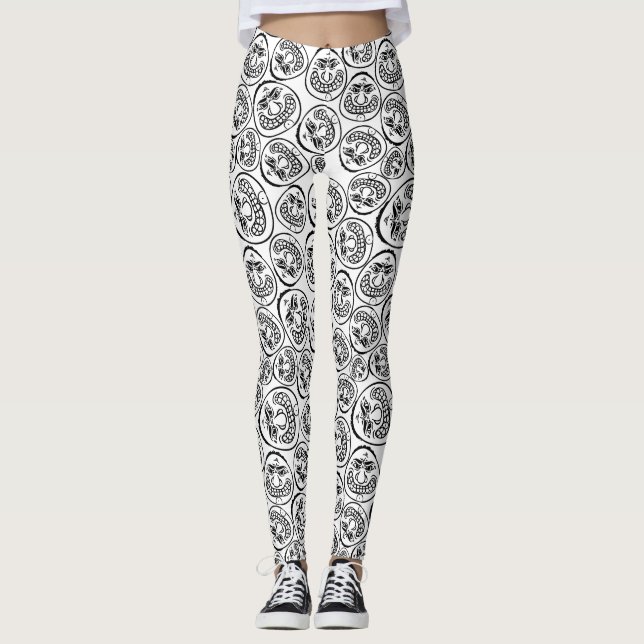 Legging Rostos Caprichosos: Desenho Animado Preto e Branco (Frente)
