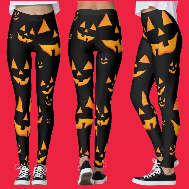 Legging Rostos de Abóbora Iluminados Design de Halloween (Glowing Jack-O-Lantern Faces Halloween Design. Leggings)