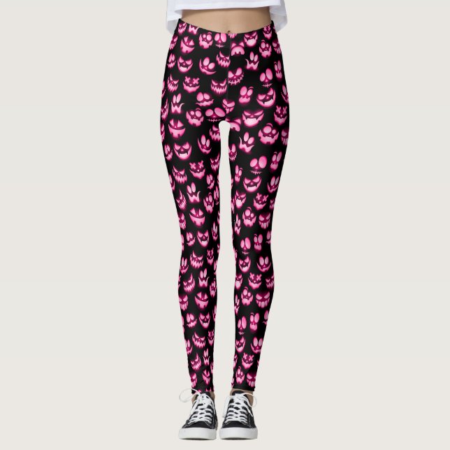 Legging Rostos de abóbora rosa-quente brilhante no Hallowe (Frente)