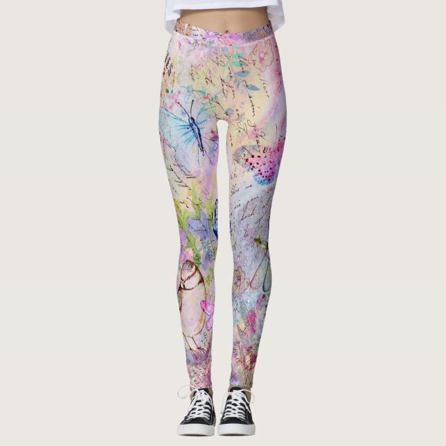 Legging Roteiro Dourado cor-de-rosa floral da borboleta (Frente)