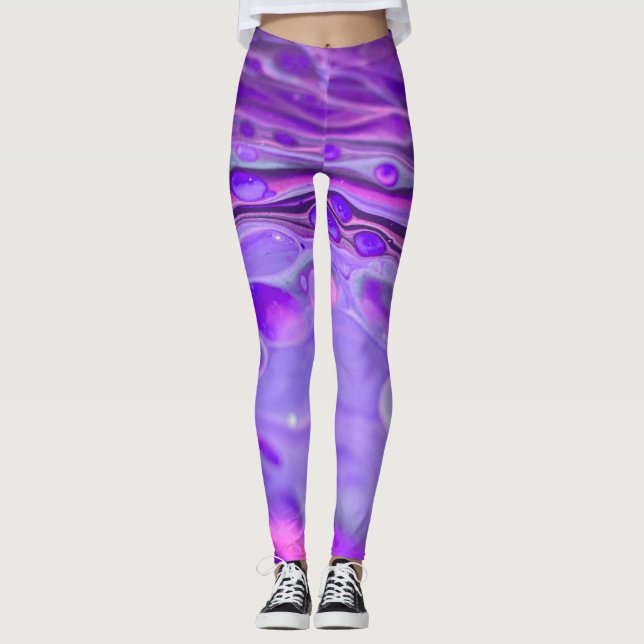 Legging Roxo Acrílico Rosa, Mármore de Pintura Fluida (Frente)