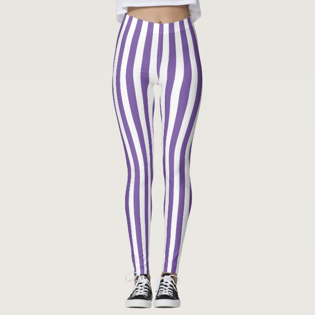 Legging Roxo Clássico e Listras Verticais Brancas (Frente)