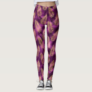 Legging Roxo e Dourado Elegante Folhas da Selva Tropical