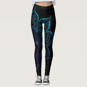 Legging Roxo e Teal Ombre Faux Glitter Mandala em Preto