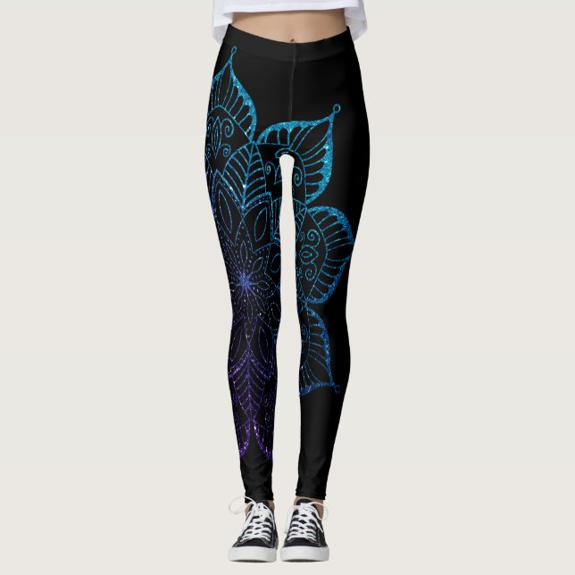 Legging Roxo e Teal Ombre Faux Glitter Mandala em Preto (Frente)