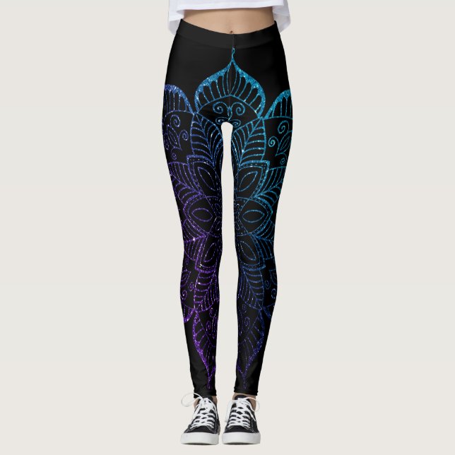 Legging Roxo e Teal Ombre Faux Glitter Mandala em Preto (Frente)