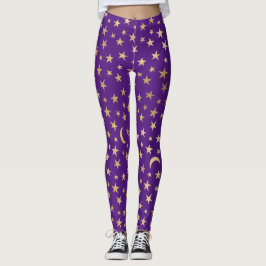 Legging Roxo Profundo com estrelas e luas de folhas dourad