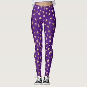 Legging Roxo Profundo com estrelas e luas de folhas dourad