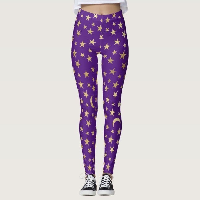 Legging Roxo Profundo com estrelas e luas de folhas dourad (Frente)