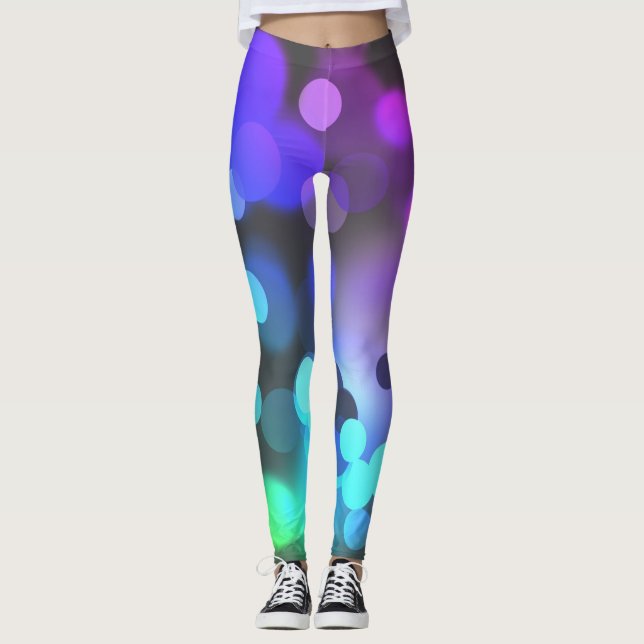 Legging Roxo, Verde, Círculos Azuis na Cinza (Frente)
