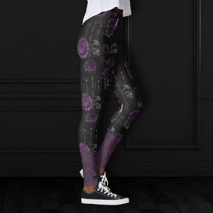 Legging Roxo Zodiac Magic   Rosas de crânio gótico em am