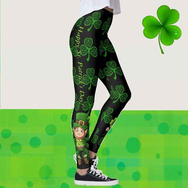 Legging Rua. Padrão de Shamrocks Negra e Verde Dia de Patr (Criador carregado)