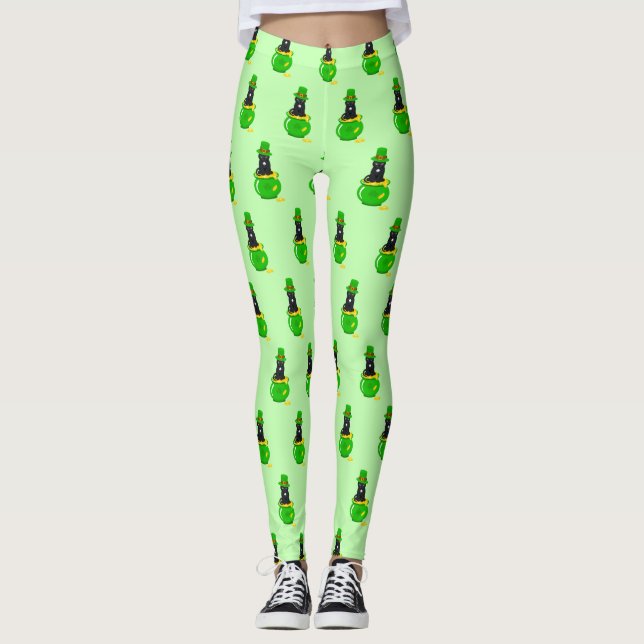 Legging Rua, Pote de Shamrock do Dia de Patrick de Gato Ne (Frente)