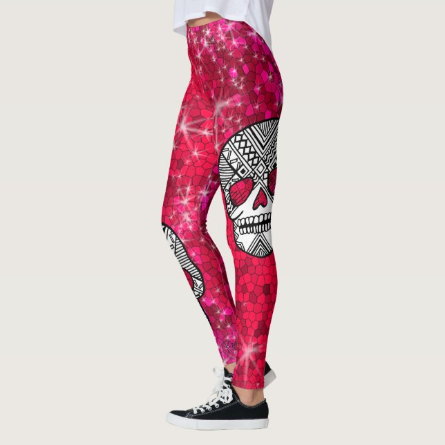 Legging Ruby Red Rhinestone Glitter Sequin Sugar Skulls (Esquerda)