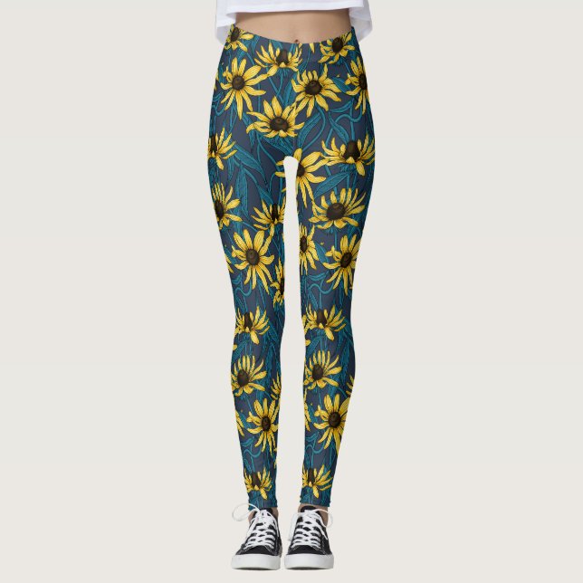 Legging Rudbekia amarela no marinho (Frente)
