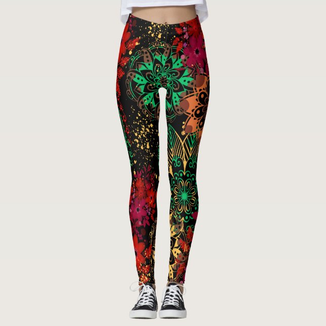 Legging Rusly Paisley Floral Boho Paint Splash Impressão (Frente)