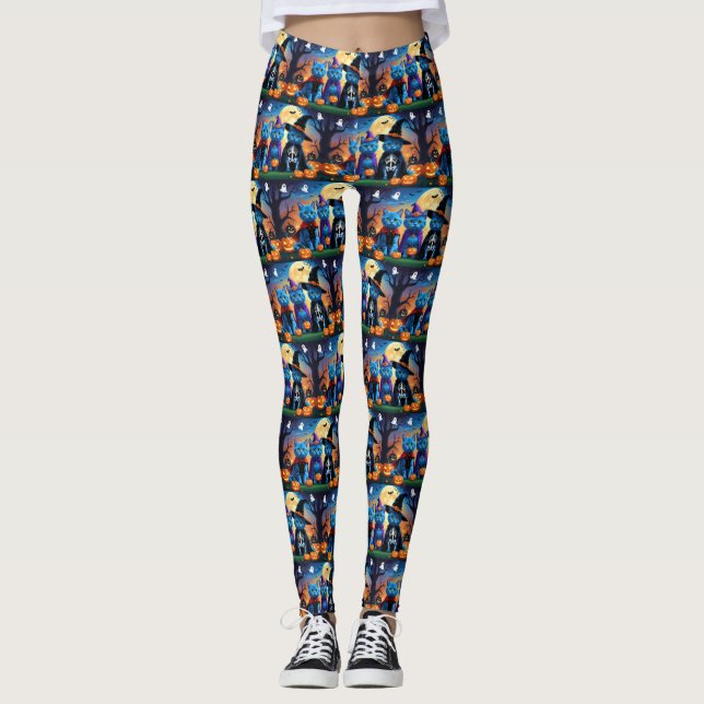 Legging Russo Blue Cats Pumpkin Halloween Engraçado (Frente)