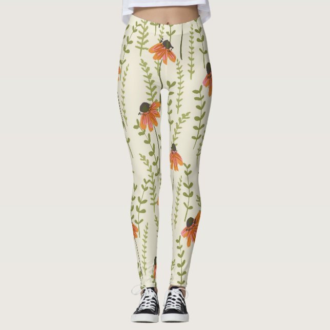 Legging Samambaias verdes, flores laranja, natureza. (Frente)