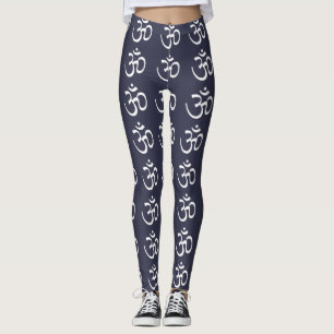 Legging Sânscrito Branco Om em Calças Azuis Escuras