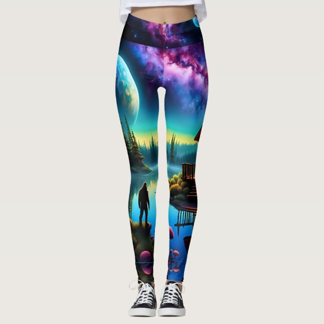 Legging Sasquatch olha para uma cabana e céu nebuloso (Frente)