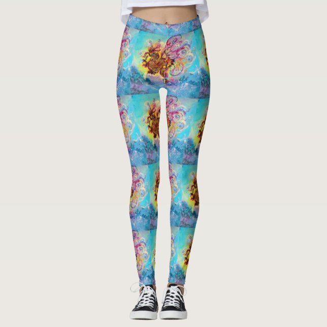 Legging SEA DRAGON em Fantasia Rosa Amarelo Azul Dourada (Frente)