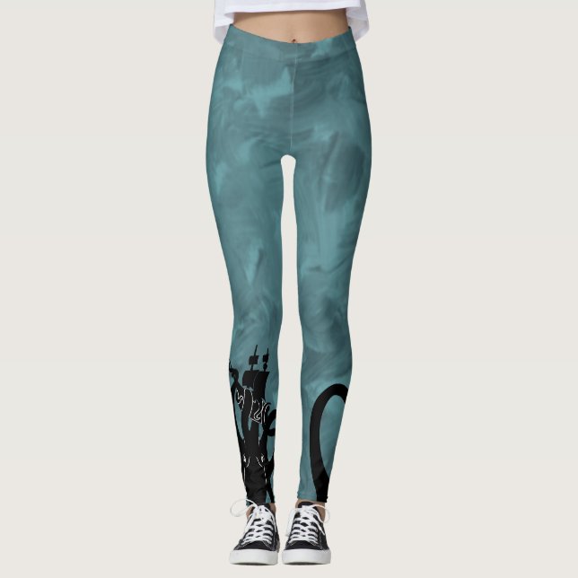 Legging Sea Monster Blue e Black Kraken com navio (Frente)