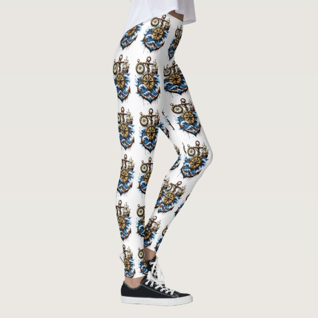 Legging Seamless Nautical Pattern with Anchor, Compass, Wa (Direita)