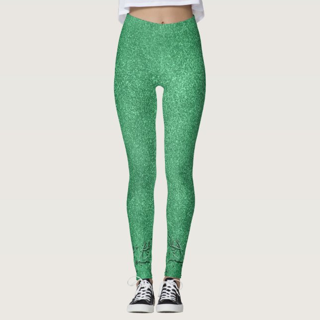 Legging Senhoras de Reinadores Verdes do Natal Moderno (Frente)