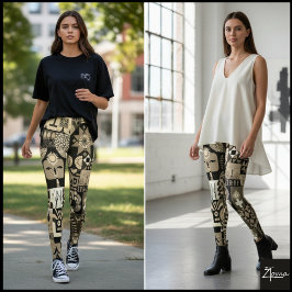 Legging Sepia Abstract Geometric Folk Art Quilt