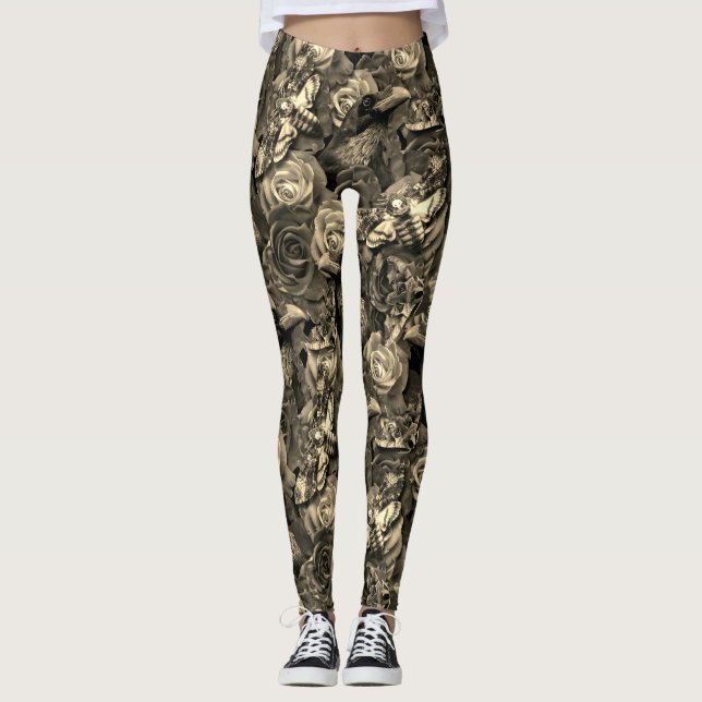 Legging Sepia Death Head Hawk Moths Gótico Raven com Rosas (Frente)