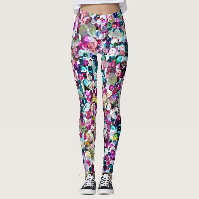 Legging Sequins femininos Bling do falso do arco-íris (Frente)