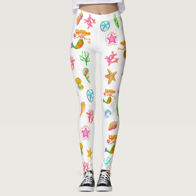 Legging Sereia & Conchas Vibração de Praia Branco (Frente)