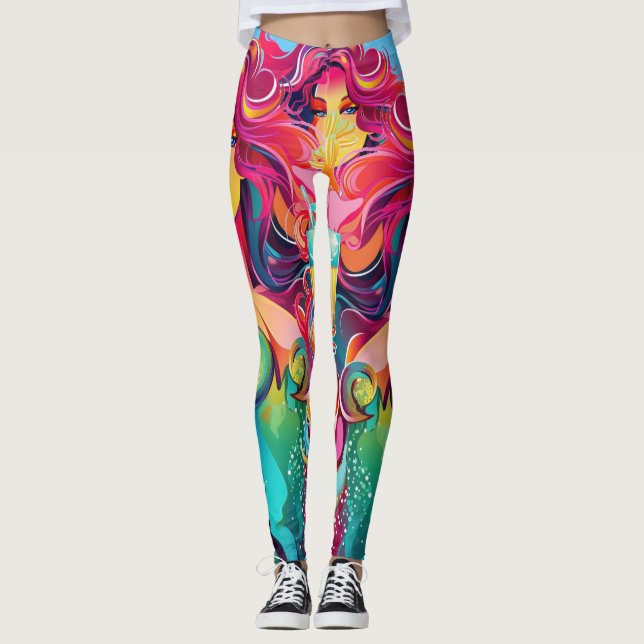 Legging Sereia de cabelo arco-íris com coquetel (Frente)