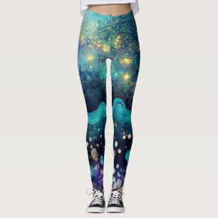 Legging Sereia Mística Subaquática Galáxia Ouro Turquesa